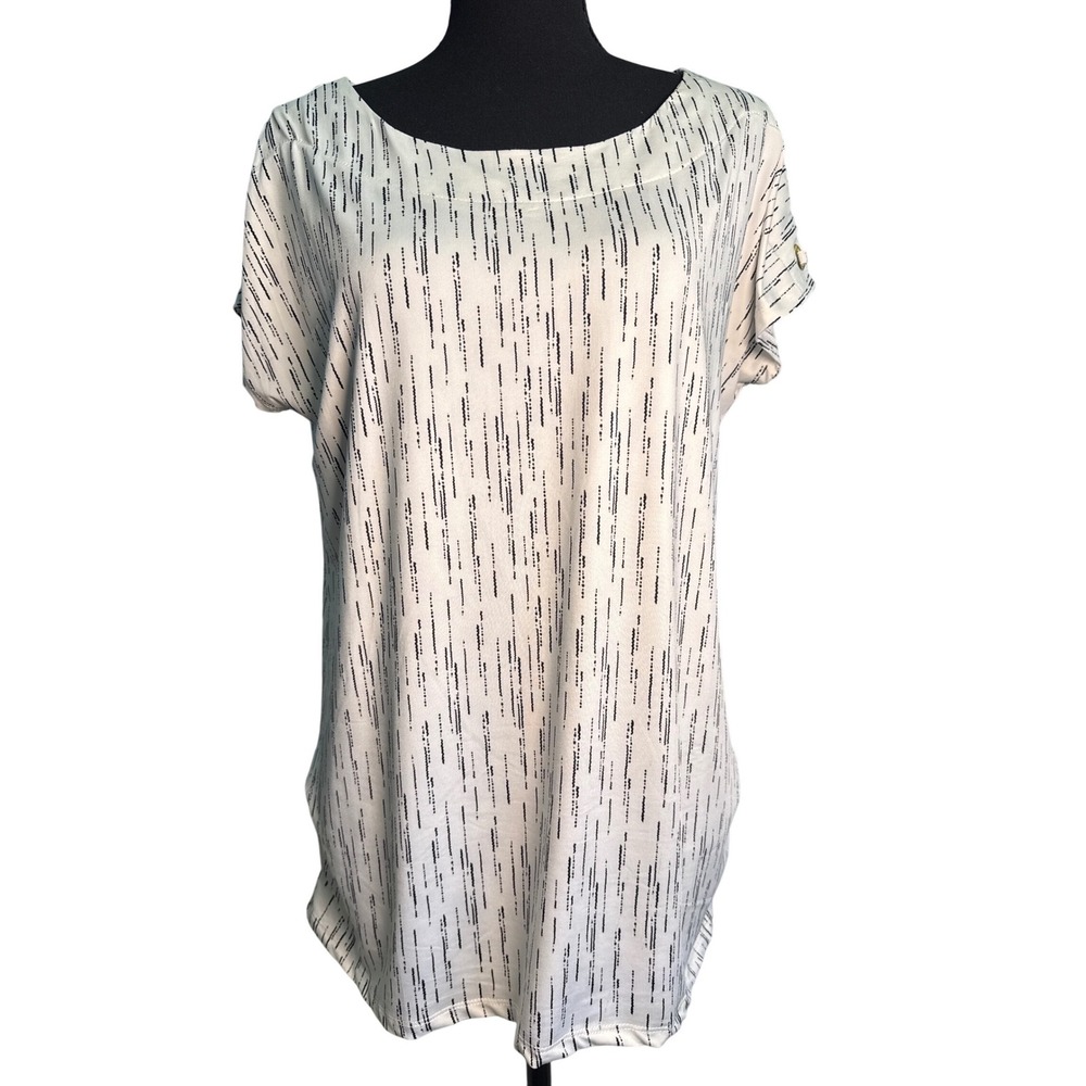 FLT Studio Womens Large Ivory Black Dash Print Grommet Sleeve Blouse New